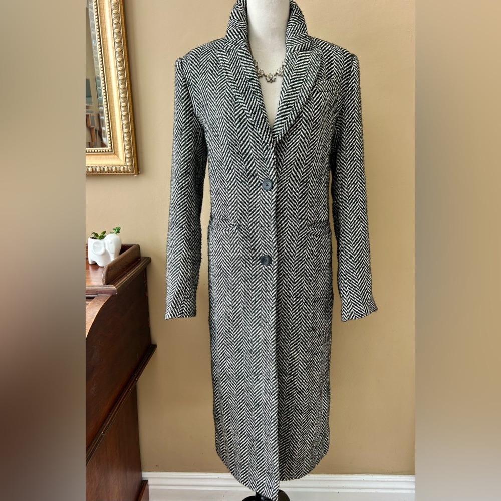L'Academie June Coat Black White Herringbone Size S Small